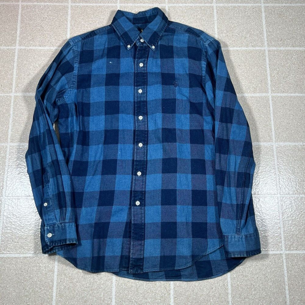Polo Ralph Lauren Shirt Men Large‎ Blue Indigo Plaid Denim Button Up Pocket M
